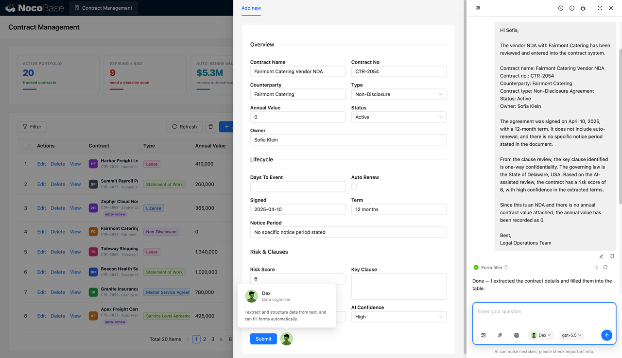 AI contract extraction and form filling in NocoBase